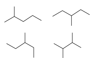 Which two of these four structures are of the same structural isomer?   A) upper right and lower left B) upper left and lower right C) lower left and upper right D) lower right and upper right