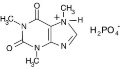  The phosphoric acid salt of caffeine has the structure:   This molecule behaves as an acid in that it can donate a hydrogen ion,created from the hydrogen atom bonded to the positively charged nitrogen atom.What salt is formed when 1 mole of this salt reacts with 1 mole of sodium hydroxide,NaOH,a strong base? A) Salts can't react to form salts,rather they only arise from the reaction of an acid and a base. B)   \mathrm { H } _ { 3 }   \mathrm { O } ^ { + }   \mathrm { H } _ { 2 }  P  \mathrm { O } _ { 4 }  <sup>-</sup> C)   \mathrm { Na } ^ { 2 + }  HP  \mathrm { O } _ { 4 }   \text { 2- }  D)   \mathrm { Na } ^ { + }   \mathrm { H } _ { 2 }  P  \mathrm { O } _ { 4 }   -