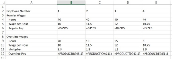 A manager prepared a spreadsheet to calculate employee wages. After pressing Ctrl+~, the formula view (shown below)  appeared. What issues should be addressed on this spreadsheet?   A)  Data should be entered only once. B)  Simple formulas should be used rather than complex Excel functions. C)  Absolute references should be used. D)  Data should be entered only once and simple formulas should be used rather than complex Excel functions only. E)  Data should be entered only once, simple formulas should be used rather than complex Excel functions and absolute references should be used.