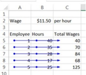 A spreadsheet modeler is creating a spreadsheet to calculate each employee's total wages for a time period. After completing the model, the analyst feels there is an error. Interpret the auditing information shown below to determine which of the following statements is TRUE.   A)  There is no error in the model. B)  The model is incorrect because it is using the wrong information for the employee hours. C)  The model is incorrect because it is using the wrong wage information. D)  The model is incorrect, but it is impossible to determine why. E)  The model is incorrect because it is using the wrong information for the employee hours and the model is incorrect because it is using the wrong wage information are both true.