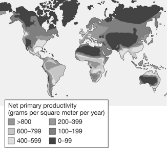 As shown in the figure below,the net primary productivity (NPP) in terrestrial biomes around the world is greatest in areas near the Equator that also receive high amounts of yearly rainfall.This pattern of NPP in terrestrial ecosystems suggests that   A)  terrestrial productivity is highly sensitive to temperature and available sunlight. B)  without shade from overhead vegetation, marine productivity typically exceeds that found in terrestrial ecosystems. C)  neither sunlight nor temperature limits terrestrial ecosystems. D)  most terrestrial productivity results from the input of marine-derived nutrients.