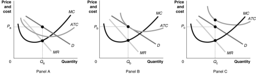 Figure 9.9   -Refer to Figure 9.9.Which of the graphs in the figure depicts a monopolistically competitive firm that is earning economic profits? A)  Panel A B)  Panel B C)  Panel C D)  Panel A and Panel B