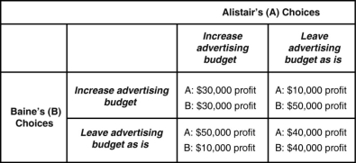 Table 9.3   Firm A(Alistair's)  and Firm B (Baine's)  are the only firms selling luggage in the upscale town of Adelaide. Each firm must decide on whether to increase its advertising spending to compete for customers. If one firm increases its advertising budget but the other does not, then the firm with the higher advertising budget will increase its profit. Table 9.3 shows the payoff matrix for this advertising game. -Refer to Table 9.3.The Nash equilibrium in this game is: A)  There is no Nash equilibrium. B)  Baine increases its advertising budget, but Alistair does not. C)  Alistair increases its advertising budget, but Baine does not. D)  Both Alistair and Baine increase their advertising budgets.