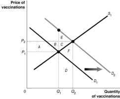 Figure 11.8   Figure 11.8 shows the market for measles vaccinations, a product whose use generates positive externalities. -Refer to Figure 11.8.What does D<sub>2</sub> represent? A)  The social welfare curve B)  The demand curve reflecting social benefit C)  The demand curve reflecting private benefit D)  The positive externalities curve