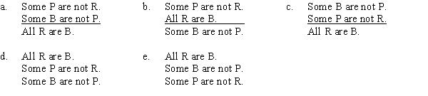 PART A All real libraries are buildings containing books, so some presidential libraries are not real libraries, since some buildings containing books are not presidential libraries. The form of this argument is:   PART B Which of the following substitutions proves the argument invalid? A) R = mammals, B = animals, P = cats. B) B = mammals, P = cats, R = dogs. C) P = animals, R = cats, B =mammals. D) R = fish, B = animals, P = dogs. E) B = fish, R = animals, P = cats.
