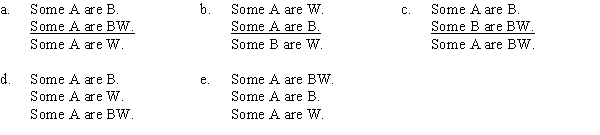 PART A Some Americans are blond women, since some Americans are blond, and some Americans are women. Which of the following is a correct symbolization of this argument?   PART B Which of the following substitutions proves the argument invalid? A) A = apples, B = red, W = fruits. B) A = fruits, B = green, W = apples. C) A = lemons, B = purple, W = fruits. D) A = fruits, B = yellow, W = lemons. E) A = fruits, B = purple, W = lemons.
