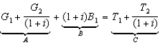 Consider the government's intertemporal budget constraint:   . Term A is the ________, and term B is the ________. A)  present discounted value of government spending; initial debt B)  total annual spending; deficit C)  initial period's spending; initial debt D)  present value of government spending and taxes; present value of government spending E)  None of these answers is correct. 