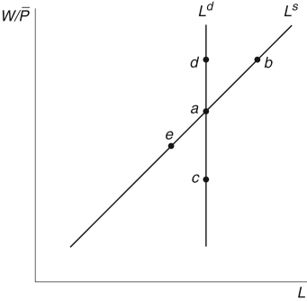 Refer to the following figure when answering the following questions. Figure 15.3: The Labor Market   -In the stylized DSGE model for the labor market displayed in Figure 15.3, with sticky prices, the Federal Reserve's desire to expand the economy would move the labor market from: A)    . B)    . C)    . D)    . E)    .