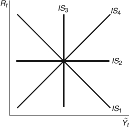 Refer to the following figure when answering the following questions. Figure 11.3: IS Curve   -Consider Figure 11.3. If investment is interest rate sensitive, but not infinitely interest rate sensitive, the economy would be best characterized by: A)  IS<sub>4</sub>. B)  IS<sub>2</sub>. C)  IS<sub>3</sub>. D)  IS<sub>1</sub>. E)  Not enough information is given.