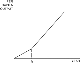 Figure 6.1: Romer Model: Per Capita Output   -In the Romer model in Figure 6.1, at time t<sub>0</sub>, a change in the growth rate of per capita output can be explained by a(n) : A)  decrease in the ideas efficiency parameter. B)  increase in the population. C)  increase in the share of labor engaged in research. D)  increase in the saving rate. E)  decrease in the population.