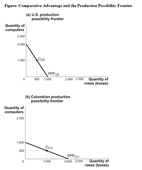 Use the following to answer question:   -(Figure: Comparative Advantage and the Production Possibility Frontier) Use Figure: Comparative Advantage and the Production Possibility Frontier._____ has an absolute advantage in the production of _____ and a comparative advantage in the production of _____. A) The United States;computers;roses B) Colombia;computers;roses C) The United States;computers;computers D) Colombia;roses;computers