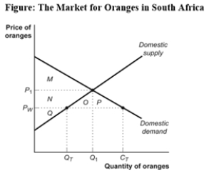 Use the following to answer question:   -(Figure: The Market for Oranges in South Africa) Use Figure: The Market for Oranges in South Africa.In autarky,the price of oranges in South Africa is P<sub>1</sub>.When the economy is opened to trade,the price falls to P<sub>W</sub> and consumer surplus will _____ to area _____. A) fall;M B) fall;M + N C) rise;M + N + O D) rise;M + N + O + P