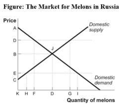 Use the following to answer question:   -(Figure: The Markets for Melons in Russia) Use Figure: The Market for Melons in Russia.If Russia is trading based on comparative advantage and the world price is D,then Russia has _____ in the production of melons. A) a comparative advantage B) a comparative disadvantage C) an absolute advantage D) neither an absolute nor a comparative advantage