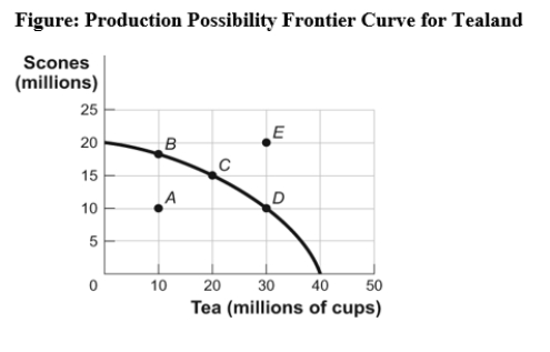 Use the following to answer question:   -(Figure: Production Possibility Frontier for Tealand) Use Figure: Production Possibility Frontier for Tealand.Tealand can produce at point E only if: A) the government eliminates unemployment. B) the government raises taxes. C) the country experiences economic growth. D) increases the cost of production by decreasing the use of technology.