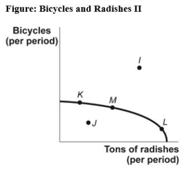 Use the following to answer question:   -(Figure: Bicycles and Radishes II) Use Figure: Bicycles and Radishes II.The country depicted in this figure is operating at point M.It could achieve production at point I only if it: A) used its resources more efficiently. B) devoted more resources to radish production. C) devoted more resources to bicycle production. D) increased the quantities of capital,natural resources,or labor available or improved its technology.