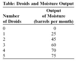 (Table: Droids and Moisture Output) Use Table: Droids and Moisture Output.Luke Skywalker uses droids to operate a moisture farm in a perfectly competitive market on the planet Tatooine.A barrel of moisture sells for 50 republic credits.A droid costs 675 republic credits per month to rent.How many droids should Luke rent?   A) one B) two C) three D) four