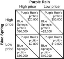 Use the following to answer question: Figure: Payoff Matrix II for Blue Spring and Purple Rain   -(Figure: Payoff Matrix II for Blue Spring and Purple Rain) Use Figure: Payoff Matrix II for Blue Spring and Purple Rain.The figure describes two producers of bottled water.The Nash equilibrium in the figure is reached when Blue Spring charges a _____ price and Purple Rain charges a _____ price. A) high;high B) low;low C) high;low D) low;high