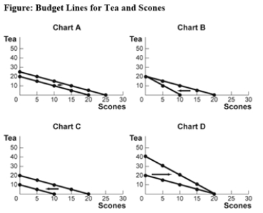 Use the following to answer question:   -(Figure: Budget Lines for Tea and Scones) Use Figure: Budget Lines for Tea and Scones.For months now,Agnes has had $20 per month to spend on tea and scones.The price of each cup of tea and each scone has been $1.Which chart shows what will happen to her budget line if the price of a cup of tea falls to $0.50? A) A B) B C) C D) D