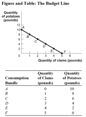 Use the following to answer question:   -(Figure and Table: The Budget Line) Use Figure and Table: The Budget Line.An increase in income would: A) rotate the budget line,changing the intercept on the horizontal axis. B) shift the budget line to the left. C) rotate the budget line,changing the intercept on the vertical axis. D) shift the budget line to the right.