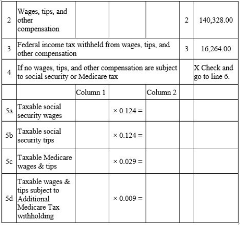 McBean Farms has the following information on their Form 941:   What amount should be entered in Column 2,Lines 5a and 5c? (Assume no Section 125 health insurance and that none of the employees had exceeded the Social Security wage base. )  A) $17,400.67 and $4,069.51,respectively B) $140,328.00 C) $8,700.34 and $2,034.76,respectively D) $156,592