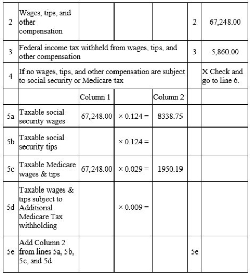 Daigneault Designs has the following amounts listed on their Form 941:   What amount belongs on line 5e? A) $67,248.00 B) $8,338.75 C) $10,288.94 D) $5,860.00