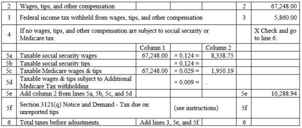 Daigneault Designs has the following amounts listed on their Form 941:   Assuming that Daigneault Designs has no tipped employees,what amount belongs on line 6? A) $10,288.94 B) $16,148.94 C) $83,396.94 D) $20,577.89