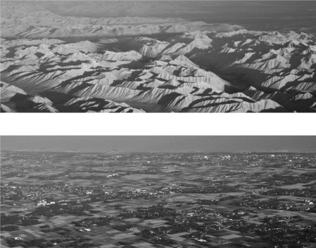 Examine the photos below.The first is of a mountainous region in Alaska and the second is of a plain in Ontario.Which of the following statements is true regarding these photos?   A)  Both locations have low relief. B)  Both locations have high relief. C)  The mountainous region in Alaska has low relief. D)  The plains of Ontario have low relief.