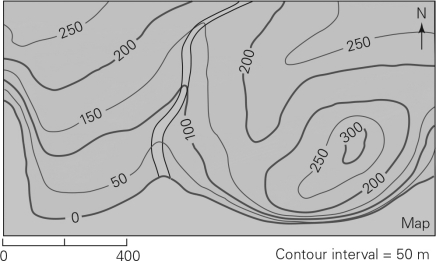 What is the relief of the land surface in the topographic map below?   A)  50 m B)  100 m C)  300 m D)  400m