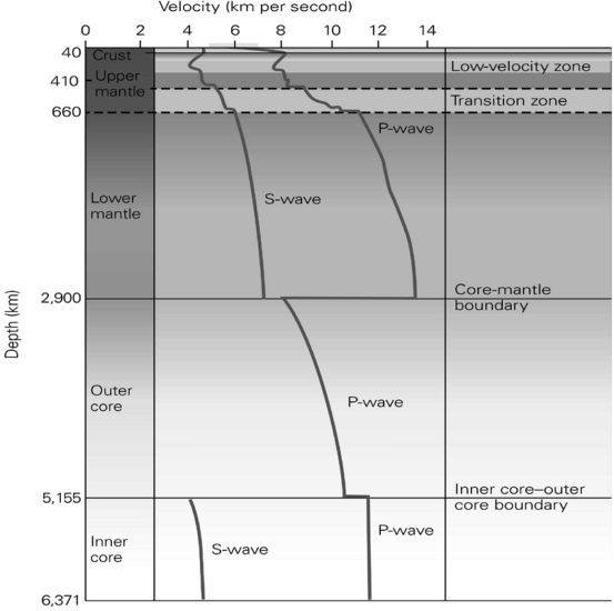 The graph below shows the change in velocity of seismic waves with depth in the crust.Why does the velocity of the P-wave drop drastically at the core-mantle boundary?   A)  because the core is much denser than the mantle B)  because the outer core is solid and P-waves can't pass through solids C)  because the outer core is liquid and seismic waves travel slower in liquids D)  because the S-waves are removed and that energy is transferred to the P-waves