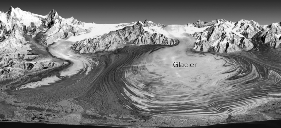 What type of glacier is seen in the foreground of the following picture?   A)  a continental glacier B)  a cirque glacier C)  a piedmont glacier D)  an alpine glacier