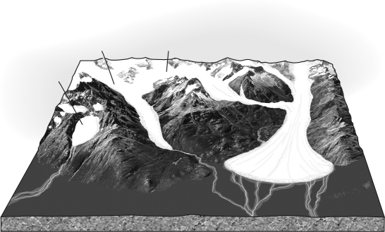  Label the glaciers in the image below using words from the word bank included.(Hint: not all the names will be used.)   \begin{array}{c} \begin{array}{lll}  \text {Piedmont glacier}\\  \text {Continental glacier}\\  \text {Tidewater glacier} \end{array} \begin{array}{lll} \\  \text {Valley glacier}\\  \text {Hanging glacier} \end{array} \begin{array}{lll}  \text {Cirque glacier}\\  \text {Ice apron}\\  \text {Mountain ice car} \end{array} \end{array}     