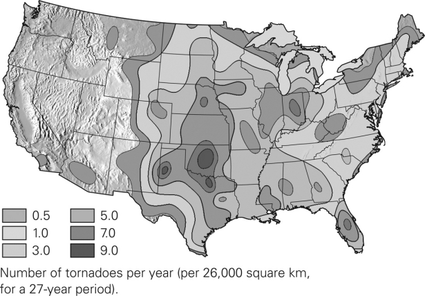 In the figure below,the area known as tornado alley forms because polar air masses frequently collide with ________.   A)  tropical air masses from the Gulf of Mexico B)  dry air masses from the desert southwest C)  moist Pacific air masses D)  dry air masses descending from the Rocky Mountains