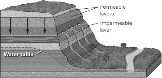 The images below are of two different geological scenarios in which springs could form.Describe the similarities and differences between these two scenarios.    
