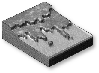 What will eventually happen to the headlands in the figure below?   A)  They will join as the bays in between fill with sediment. B)  They will become a straight line of cliffs as rock is eroded away. C)  They will remain as they are for millions of years. D)  The sea will submerge them as the terrace is uplifted.