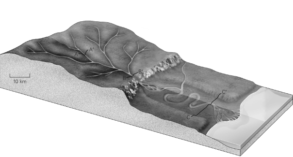 Using the image below label the stream channel,meander,floodplain,headwaters,and mouth.Additionally,sketch a cross-section of this stream from A to A' and from C to C'.  