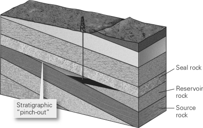 What type of trap is illustrated below?   A)  salt dome B)  anticline C)  stratigraphic D)  fault