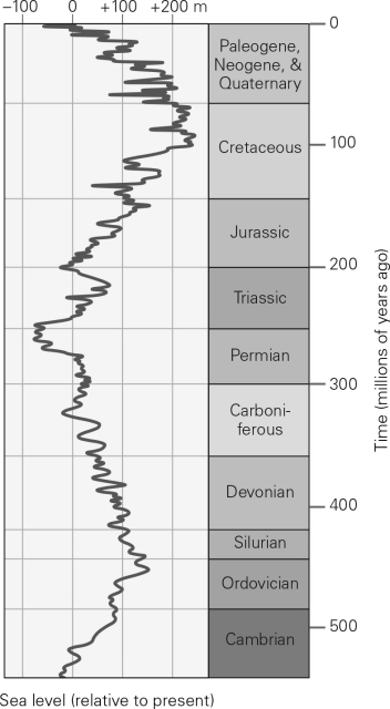Use the graph of sea level below.When was sea level the highest?   A)  Ordovician B)  Carboniferous C)  Jurassic D)  Cretaceous