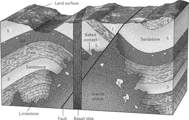 Which of the following statements is true regarding the clasts (labeled 5) inside the granite pluton?   A)  The inclusions are the same age as the pluton. B)  The inclusions are younger than the pluton. C)  The inclusions are older than the pluton. D)  The relative age of the inclusions and the pluton cannot be determined.