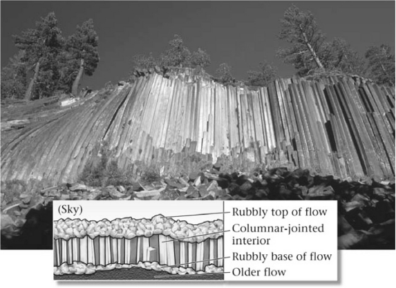 The vertical features preserved in the basalt flow in the image below formed because the lava ________.   A)  was moving as it cooled,so it fractured B)  erupted underwater and cooled rapidly,forming many fractures C)  was subjected to shaking from earthquakes,and subsequently fractured D)  shrank as it cooled,forming tall polygonal-shaped fractures