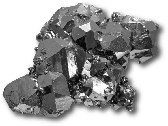 The image below shows a mineral specimen of pyrite.What is the term for the thin parallel corrugations or stripes shown on the crystal faces below?   A)  conchoidal fractures B)  facets C)  cleavage planes D)  striations