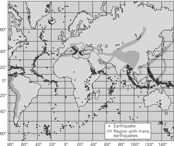The map below depicts earthquakes,which on the ocean floor coincide most often with   A)  abyssal plains. B)  guyots. C)  mid-ocean ridges. D)  seamounts.