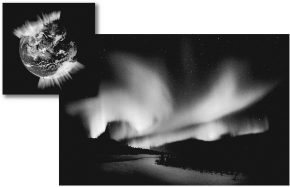 An aurora (shown below) is produced when   A)  charged particles flow toward the magnetic poles and excite atmospheric gases. B)  swamp gases rise from the Arctic tundra and react with the upper atmosphere. C)  radiation in the Van Allen belts can be seen on a clear,cold night. D)  lightning travels from cloud to cloud rather than cloud to ground.