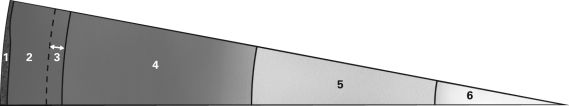 From left to right,correctly label each section of this slice of the Earth.Note that 1 starts at the surface of the Earth and 6 ends at the center of the Earth.   A)  crust,liquid outer core,transition zone,solid inner core,upper mantle,lower mantle B)  crust,upper mantle,transition zone,lower mantle,liquid outer core,solid inner core C)  crust,transition zone,upper mantle,lower mantle,liquid outer core,solid inner core D)  transition zone,crust,liquid outer core,solid inner core,upper mantle,lower mantle
