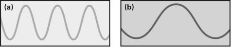 Look at the two conceptual examples of light waves shown below.These two waves   A)  have different wavelengths. B)  have different amplitudes. C)  represent the same hue (color) of light. D)  travel at different velocities.