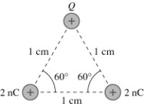 In the figure Q = 5.8 nC and all other quantities are accurate to 2 significant figures.What is the magnitude of the force on the charge Q? (k = 1/4πε<sub>0</sub> = 8.99 × 10<sup>9</sup> N • m<sup>2</sup>/C<sup>2</sup>)    A)  1.8 × 10<sup>-3</sup> N B)  1.0 × 10<sup>-3</sup> N C)  9.0 × 10<sup>-4</sup> N D)  1.2 × 10<sup>-3</sup> N