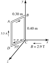 A rigid rectangular loop,which measures 0.30 m by 0.40 m,carries a current of 5.5 A,as shown in the figure.A uniform external magnetic field of magnitude 2.9 T in the negative x direction is present.Segment CD is in the xz-plane and forms a 35° angle with the z-axis,as shown.Find the magnitude of the external torque needed to keep the loop in static equilibrium.   A)  1.1 N • m B)  0.73 N • m C)  1.3 N • m D)  1.4 N • m E)  1.6 N • m