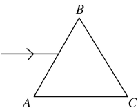 Light in air is initially traveling parallel to the face AC of an equilateral triangular prism,as shown in the figure.The prism is made of glass with an index of refraction of 1.52.If the light does not strike the face AC,what is the angle between the ray as it leaves the prism at face BC and the normal in air at that face?   A)  83° B)  19° C)  59° D)  27° E)  55°