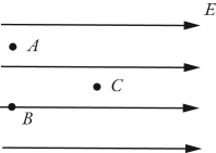 Suppose a region of space has a uniform electric field,directed towards the right,as shown in the figure.Which statement about the electric potential is true?   A)  The potential at all three locations (A, B,C)  is the same because the field is uniform. B)  The potential at points A and B are equal, and the potential at point C is higher than the potential at point A. C)  The potential at points A and B are equal, and the potential at point C is lower than the potential at point A. D)  The potential at point A is the highest, the potential at point B is the second highest, and the potential at point C is the lowest.