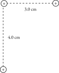 Consider the group of three+2.4 nC point charges shown in the figure.What is the electric potential energy of this system of charges relative to infinity? (k = 1/4πε<sub>0</sub> = 8.99 × 10<sup>9</sup> N • m<sup>2</sup>/C<sup>2</sup>)    A)  4.1 × 10<sup>-6</sup> J B)  4.6 × 10<sup>-6</sup> J C)  4.2 × 10<sup>-6</sup> J D)  4.4 × 10<sup>-6</sup> J