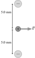 The figure shows an arrangement of two -4.5 nC charges,each separated by 5.0 mm from a proton.If the two negative charges are held fixed at their locations and the proton is given an initial velocity v as shown in the figure,what is the minimum initial speed v that the proton needs to totally escape from the negative charges? (k = 1/4πε<sub>0</sub> = 8.99 × 10<sup>9</sup> N • m<sup>2</sup>/C<sup>2</sup>,e = 1.60 × 10<sup>-19</sup> C,m<sub>proton </sub>= 1.67 × 10<sup>-27</sup> kg)    A)  1.8 × 10<sup>6</sup> m/s B)  3.5 × 10<sup>6</sup> m/s C)  6.8 × 10<sup>6</sup> m/s D)  1.4 × 10<sup>7</sup> m/s